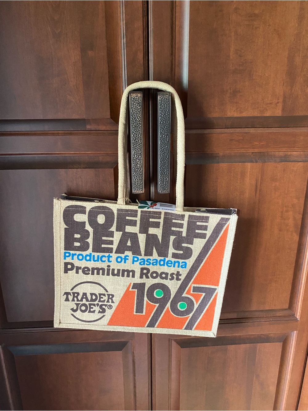 Trader Joe's Coffee Beans Jute Tote Bag - Beige with Orange & Blue